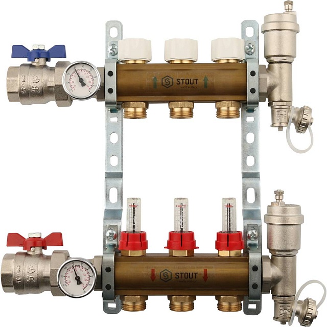 Распределительный коллектор из латуни с расходомерами 3 вых.