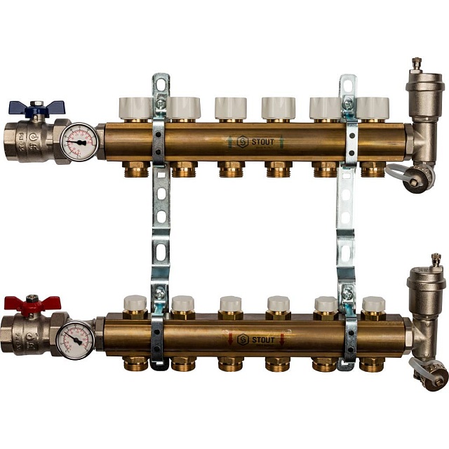 Распределительный коллектор из латуни без расходомеров (6 выходов)