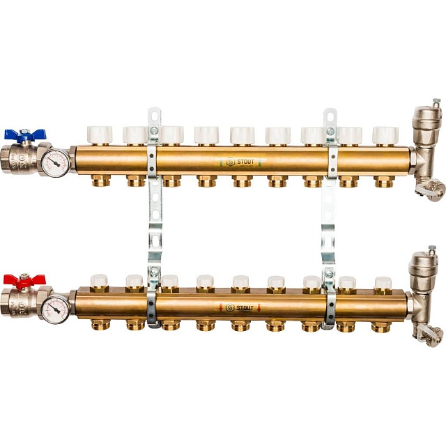 Распределительный коллектор из латуни без расходомеров 9 вых.