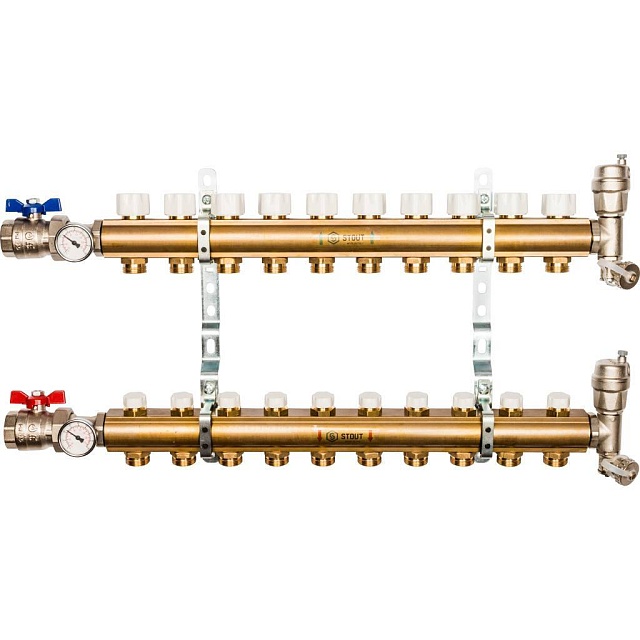 Распределительный коллектор из латуни без расходомеров 10 выходов