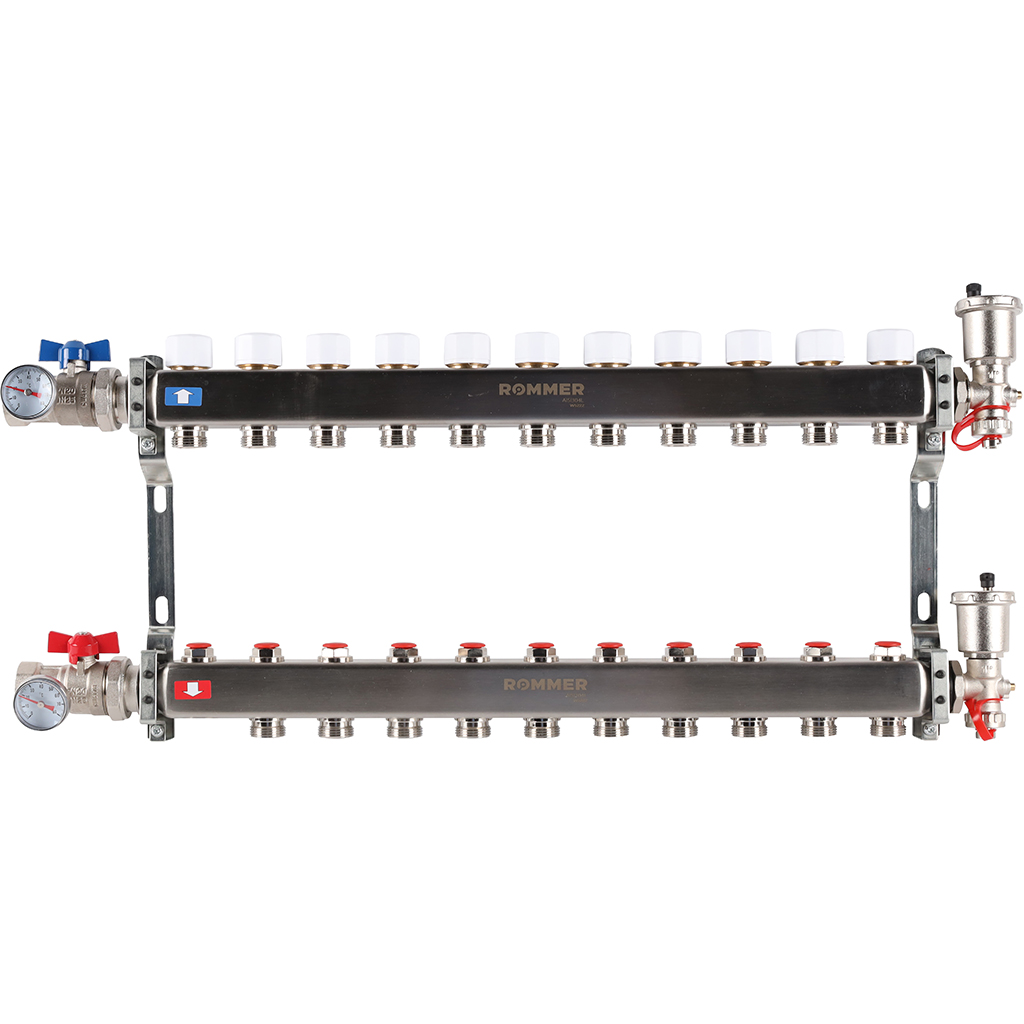 Коллектор из нержавеющей стали ROMMER в сборе, без расходомеров, 11 выходов