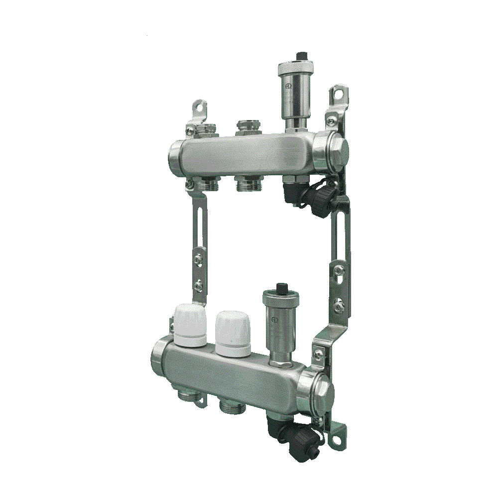 Коллекторная группа для теплых полов и отопления из нержавеющей стали с регулирующими и настроечными клапанами, автоматическими воздухоотводчиками и дренажными клапанами 1