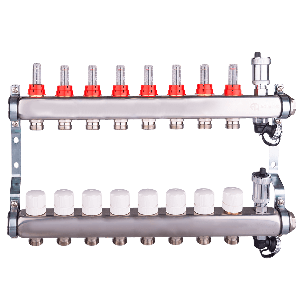 Коллекторная группа с регулирующими клапанами и расходомерами, автоматическими воздухоотводчиками и дренажными клапанамии, 8 выходов 1х3/4 дюйма