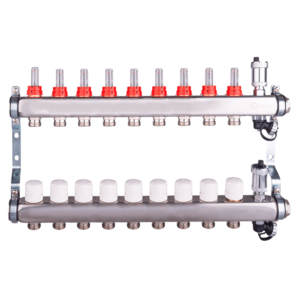 Коллекторная группа с регулирующими клапанами и расходомерами, автоматическими воздухоотводчиками и дренажными клапанами из нержавеющей стали 1